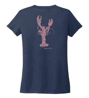 Alexandra Catherine, Fleur Pink Lobster, Women's V-neck T-shirt in Deep Sea Blue