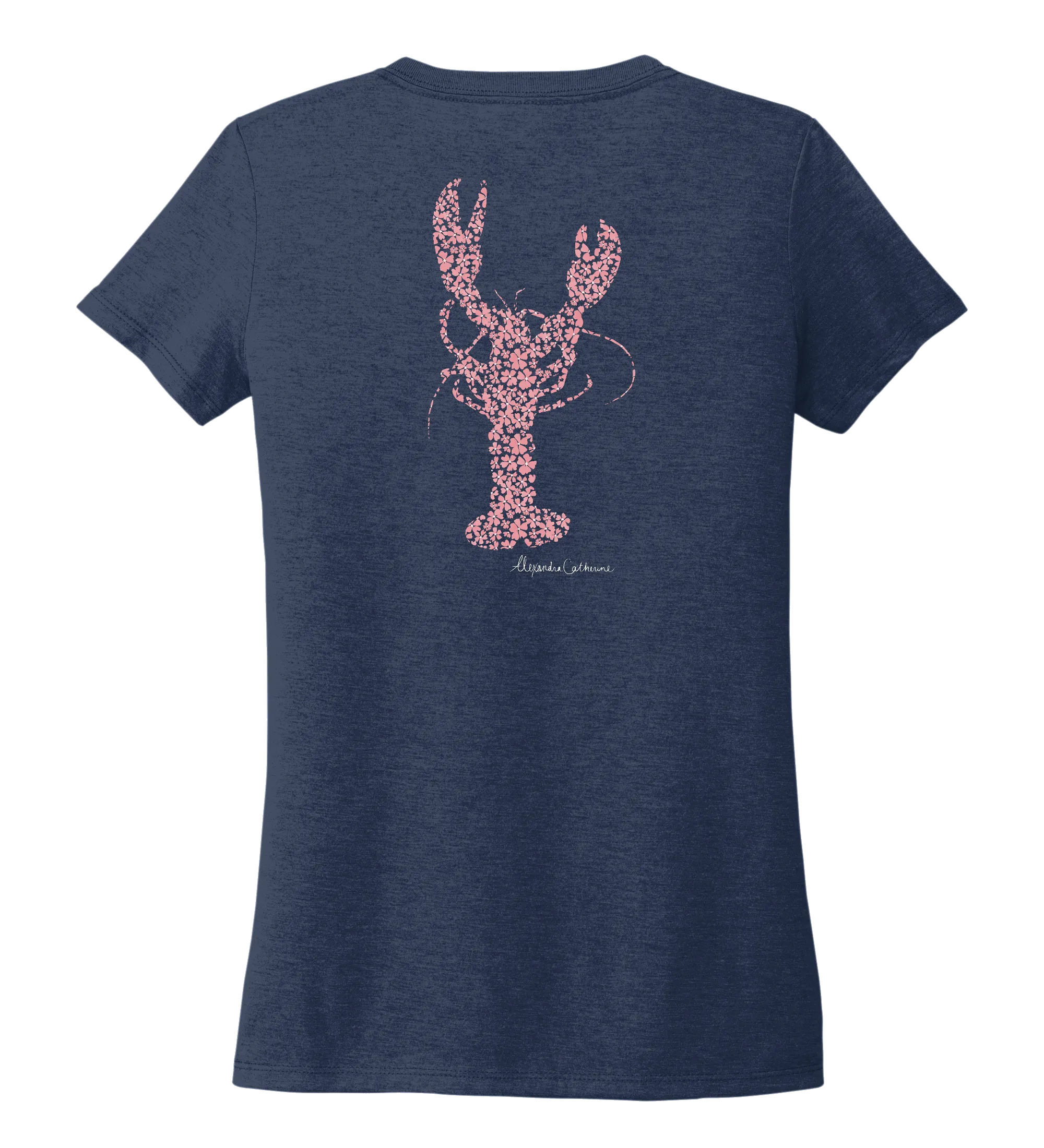 Alexandra Catherine, Fleur Pink Lobster, Women's V-neck T-shirt in Deep Sea Blue