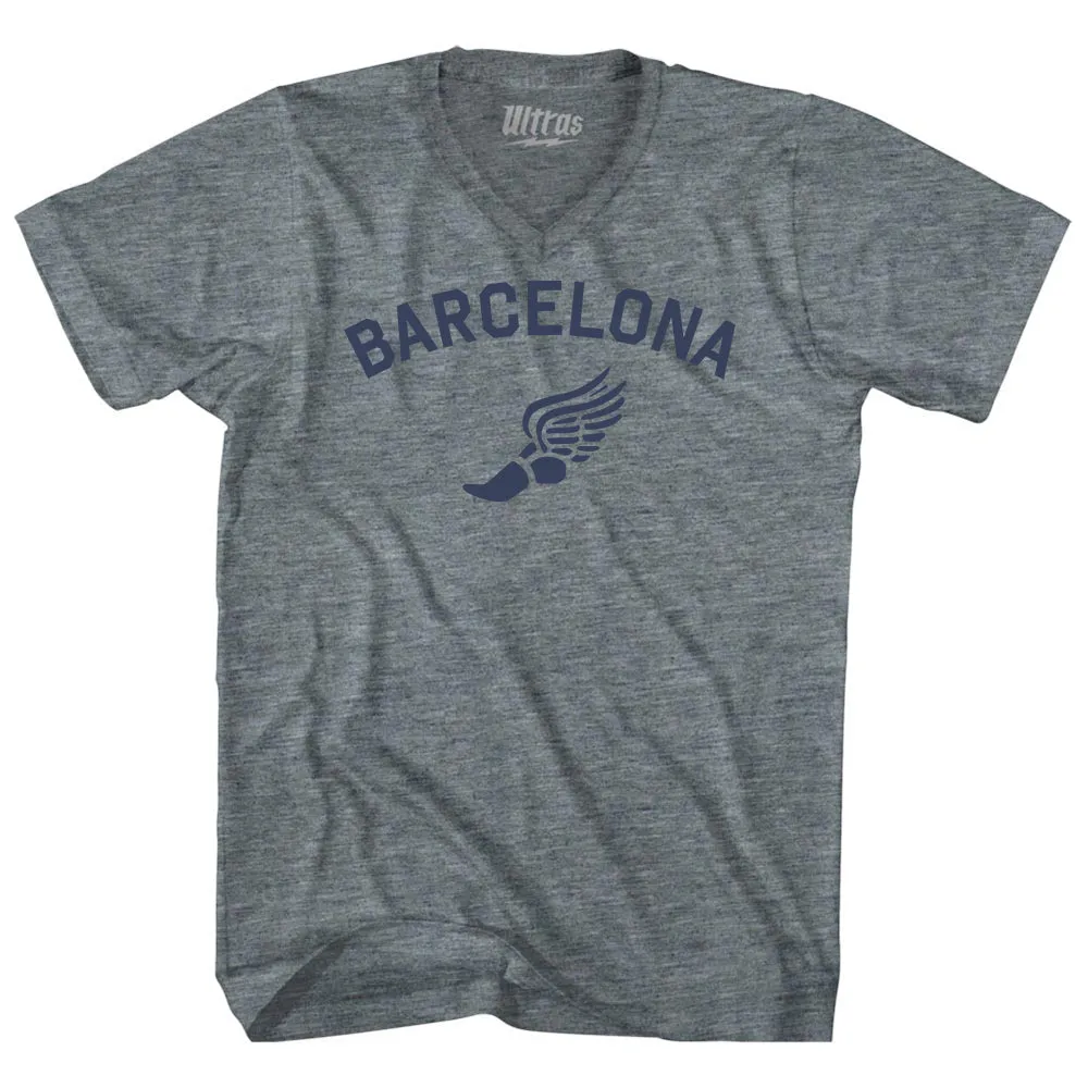 Barcelona Running Track Winged Foot Tri-Blend V-neck Womens Junior Cut T-shirt