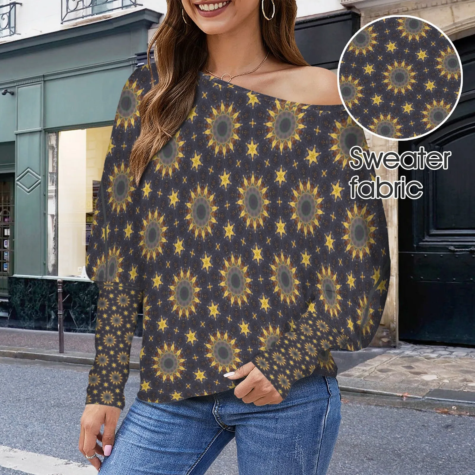 Batwing Long Sleeve Sweater Sunflowers Purple Sunset