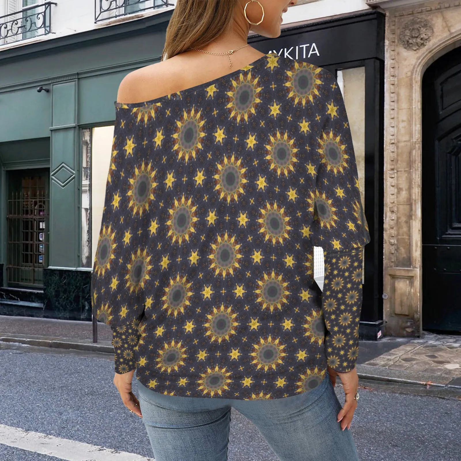 Batwing Long Sleeve Sweater Sunflowers Purple Sunset