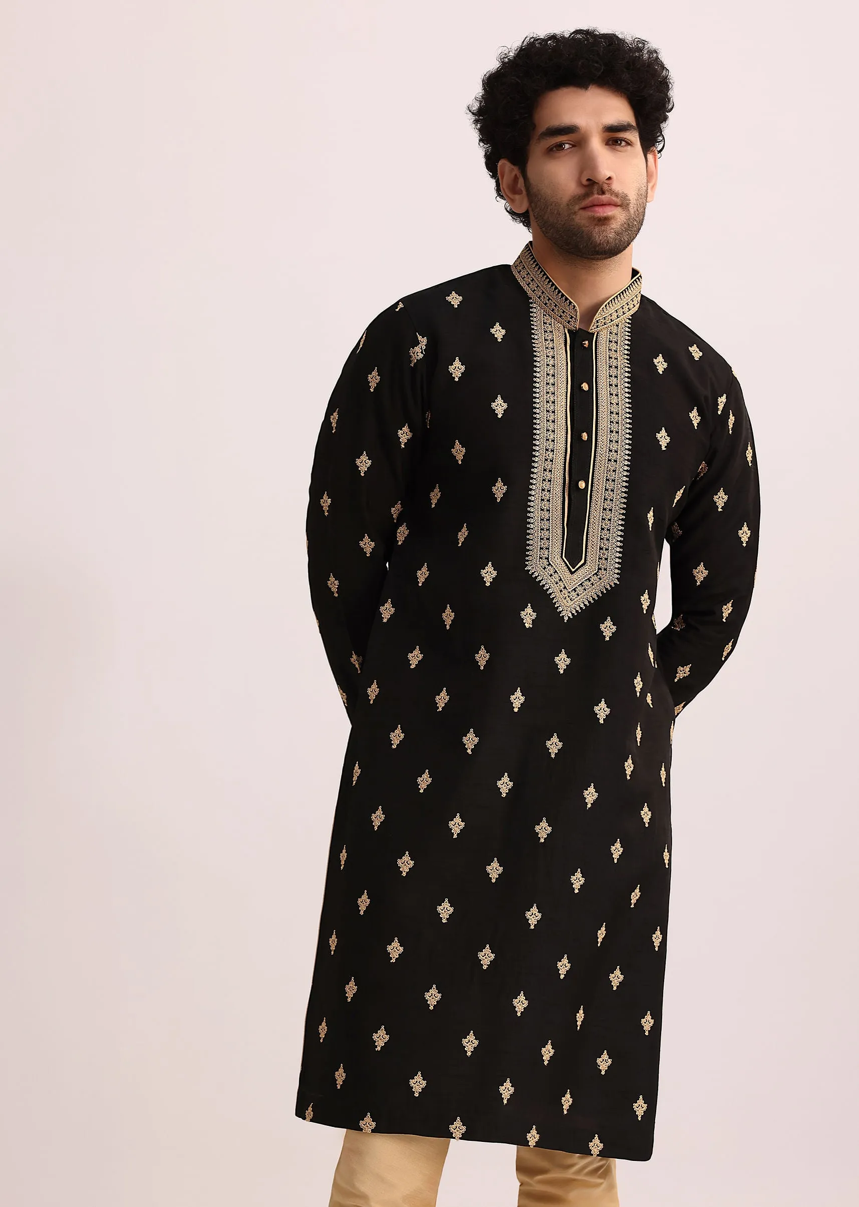 Black Tussar Silk Kurta Set With Thread Work