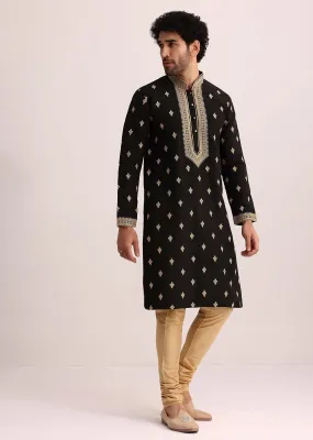 Black Tussar Silk Kurta Set With Thread Work