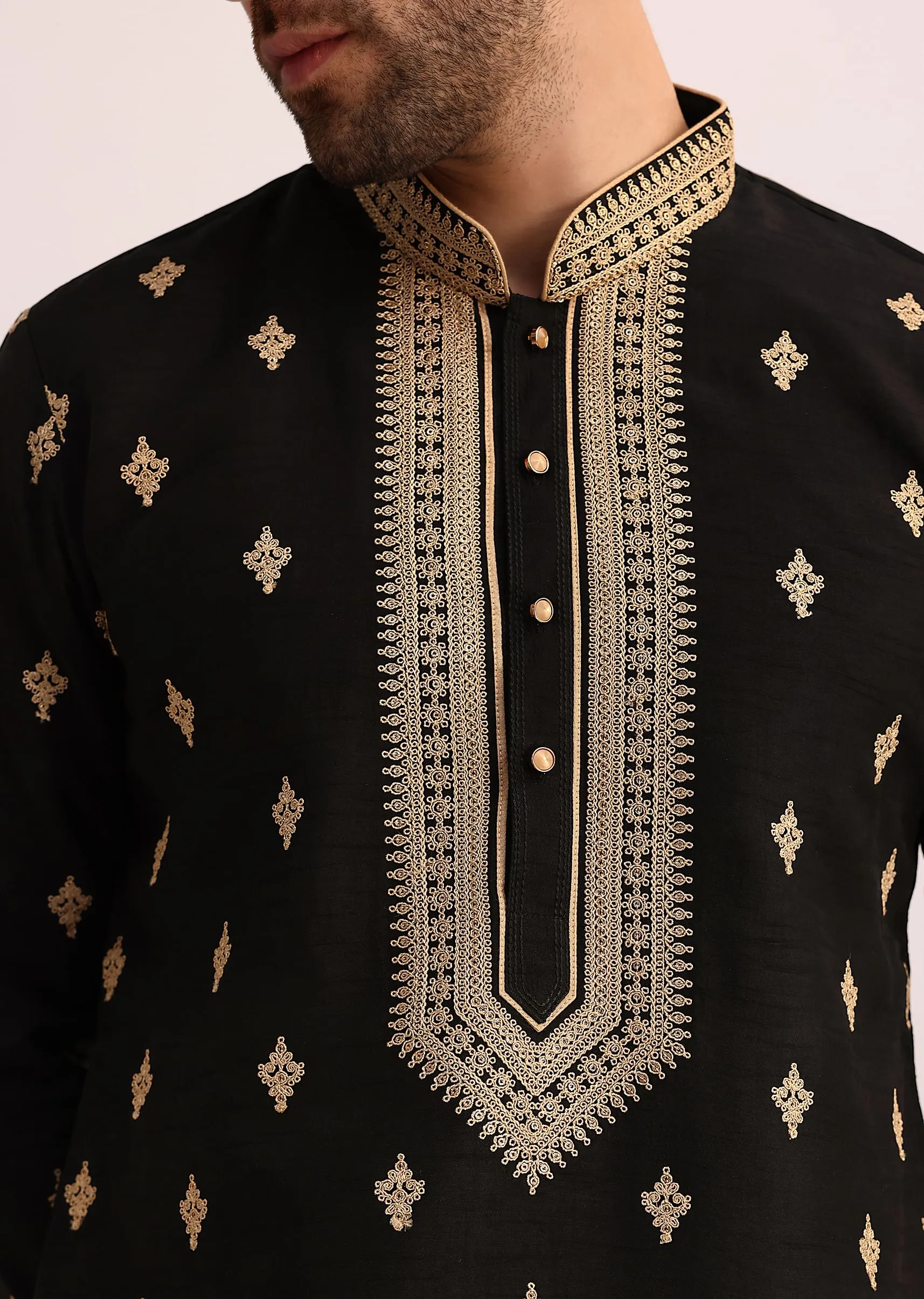 Black Tussar Silk Kurta Set With Thread Work