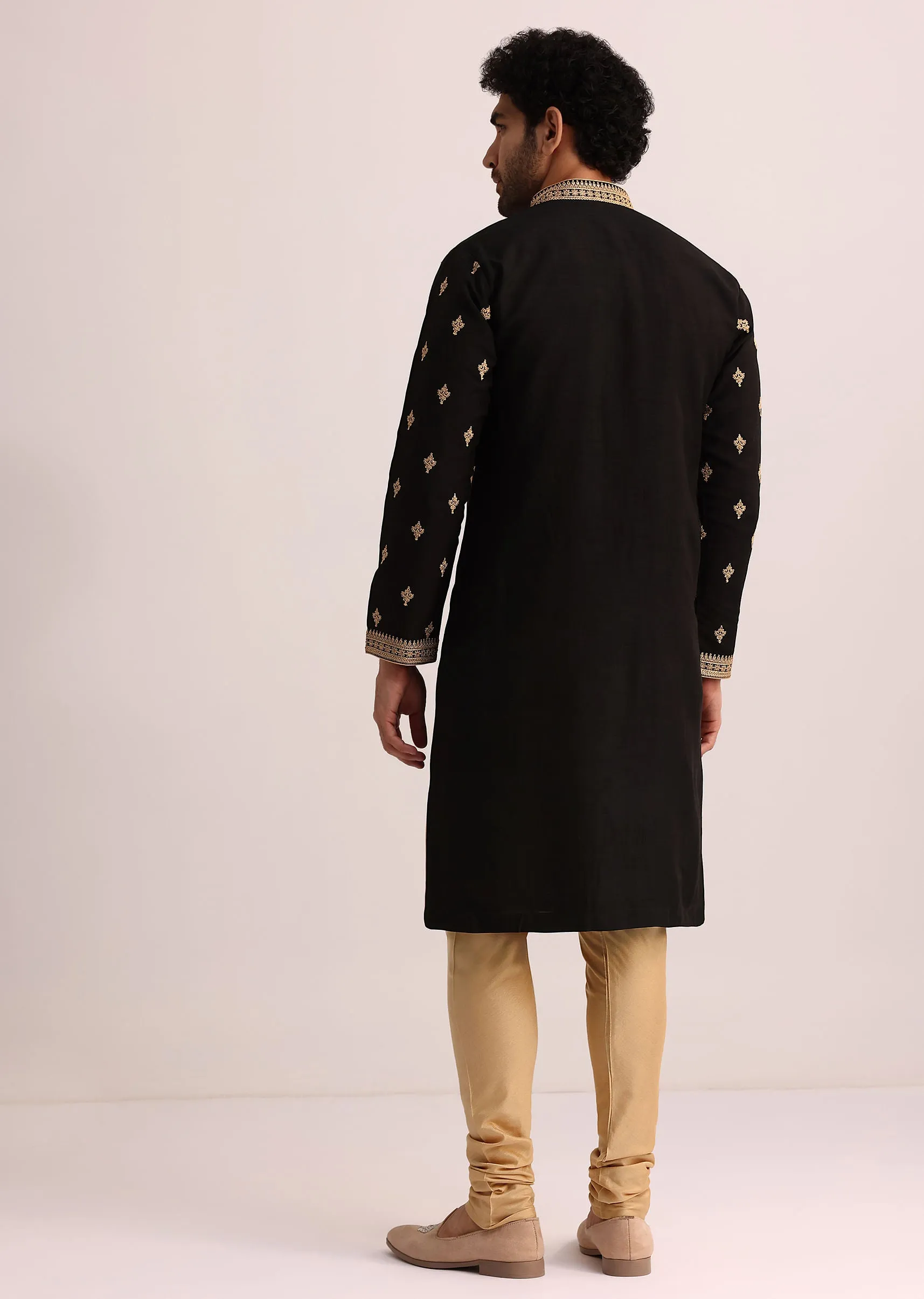 Black Tussar Silk Kurta Set With Thread Work