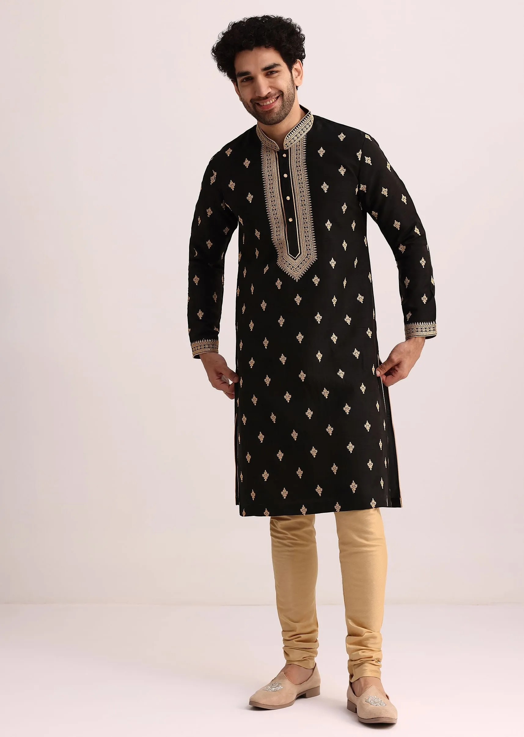 Black Tussar Silk Kurta Set With Thread Work