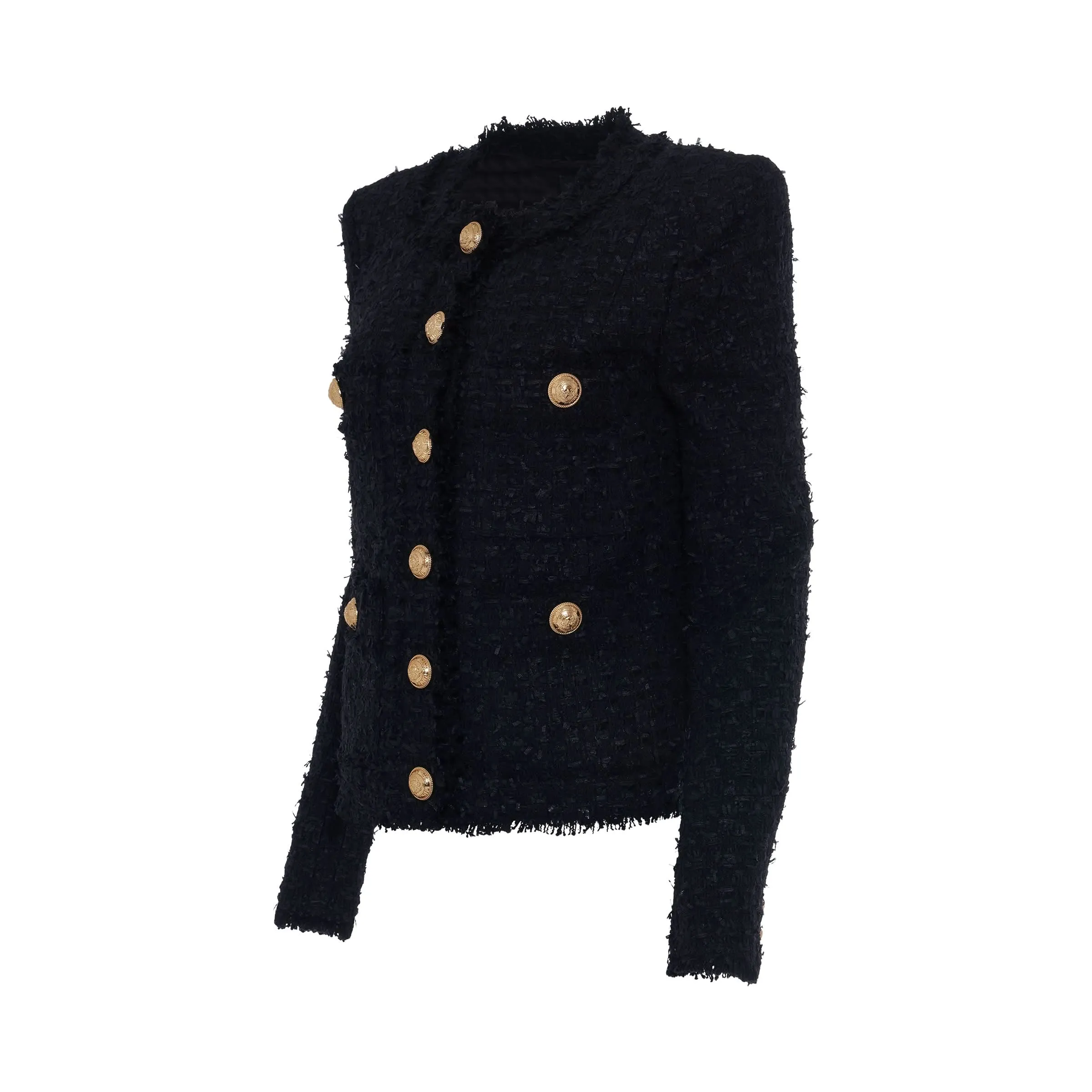 Collarless 4 Pocket Tweed Jacket in Black