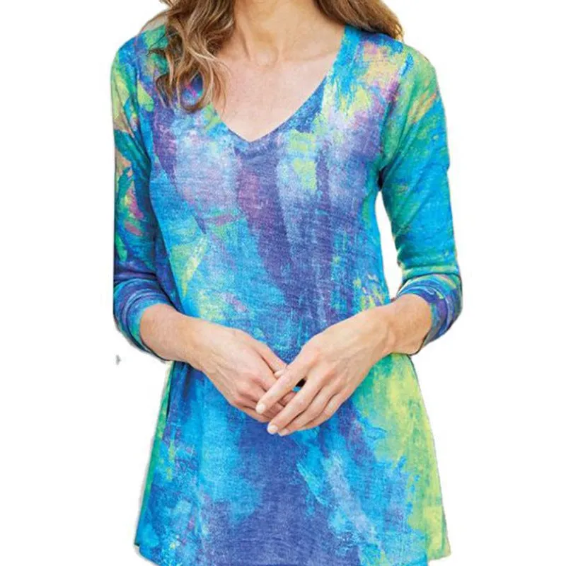 Fashion tie-dye printed V-neck t-shirt women loose top