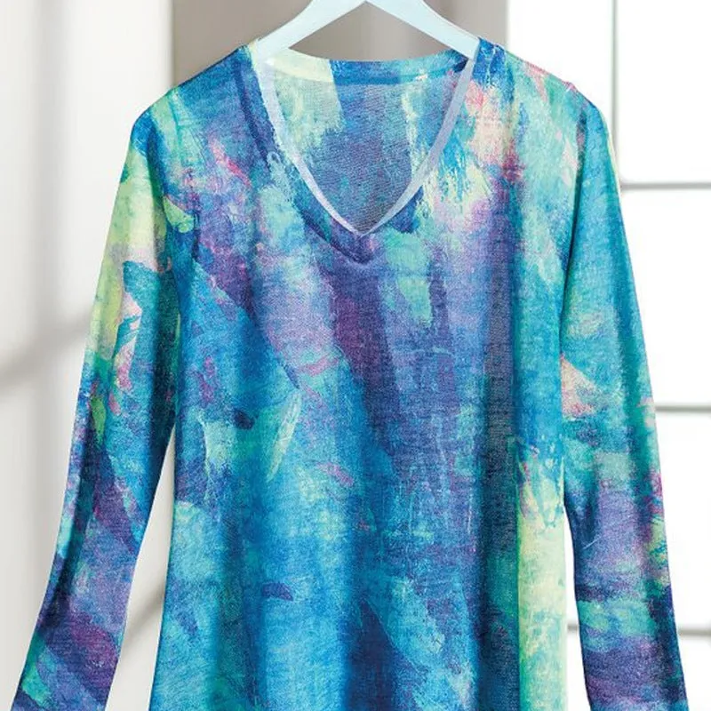 Fashion tie-dye printed V-neck t-shirt women loose top