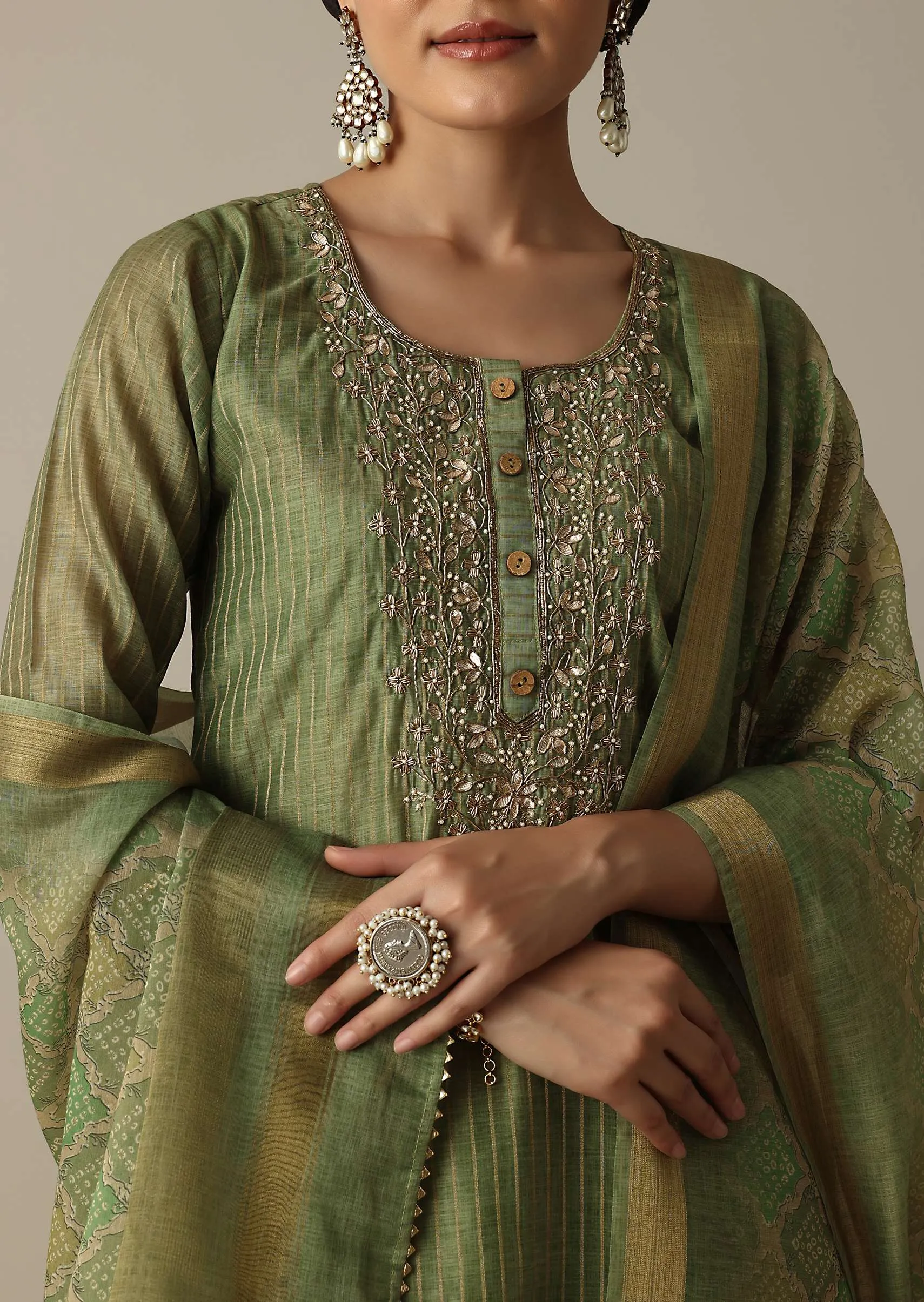 Glamorous Green Gotta Patti Work Kurti Pant Set
