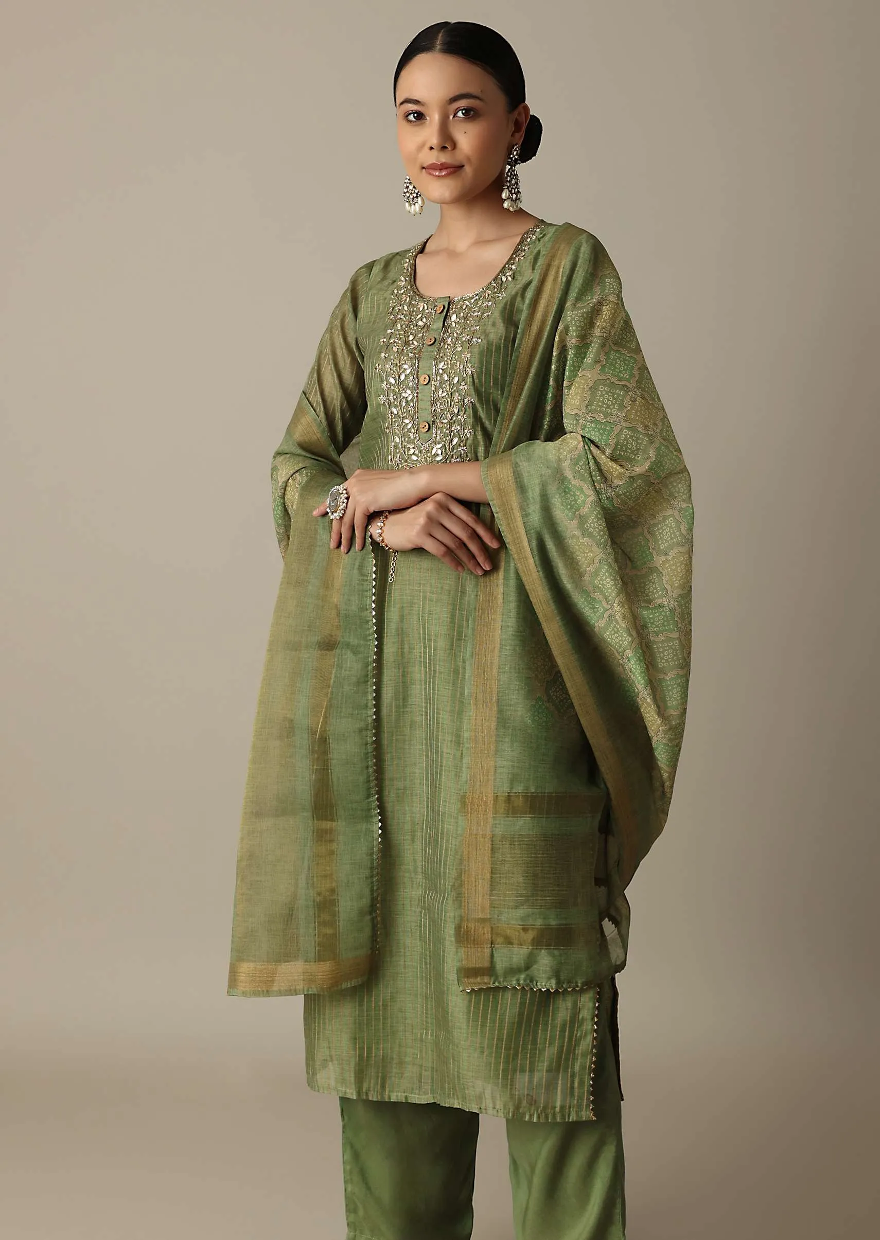 Glamorous Green Gotta Patti Work Kurti Pant Set
