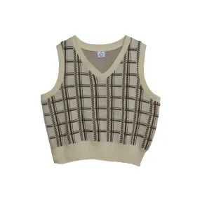 Intarsia Windowpane Schurwolle Pattern Rib Knit Vest