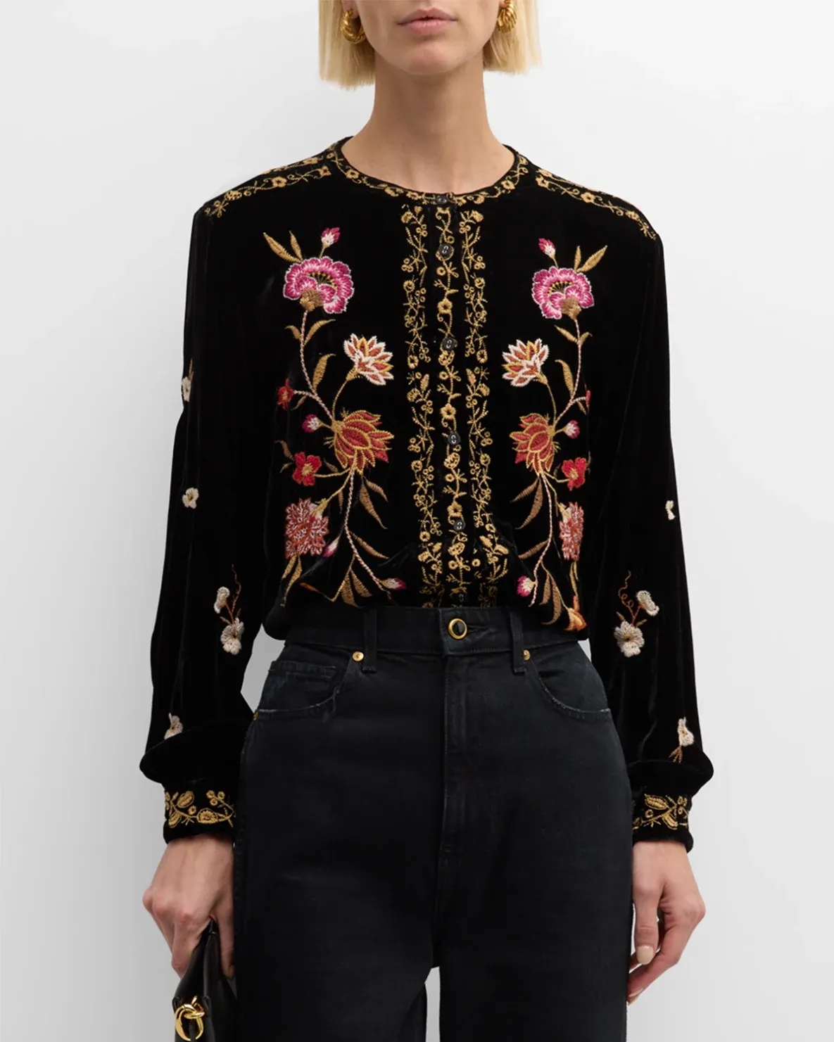 Johnny Was Quinn Velvet Mandarin Shirt Long Sleeves Embroidered Top Black NEW
