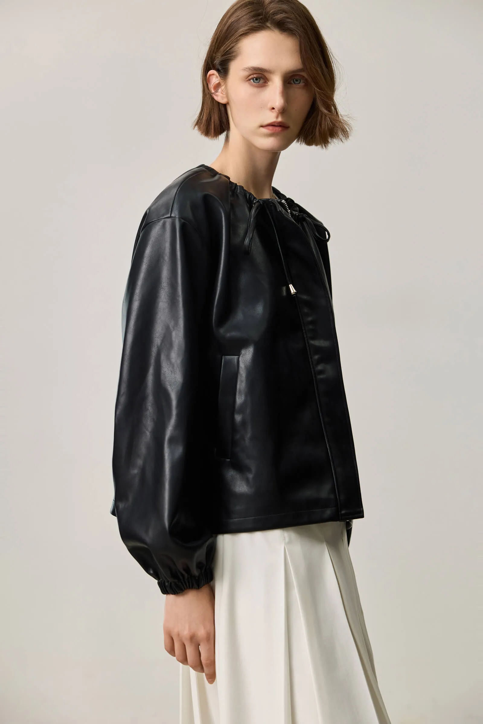 LILY Ruched PU Leather Jacket