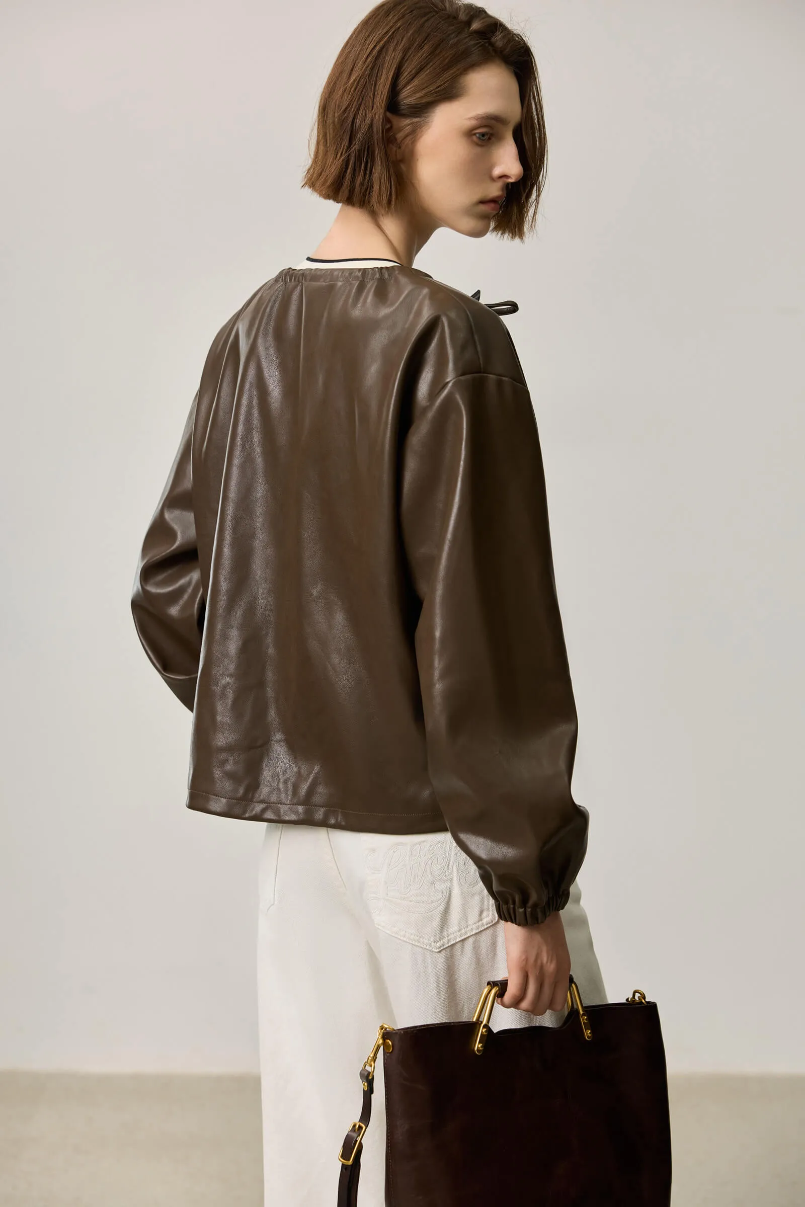 LILY Ruched PU Leather Jacket
