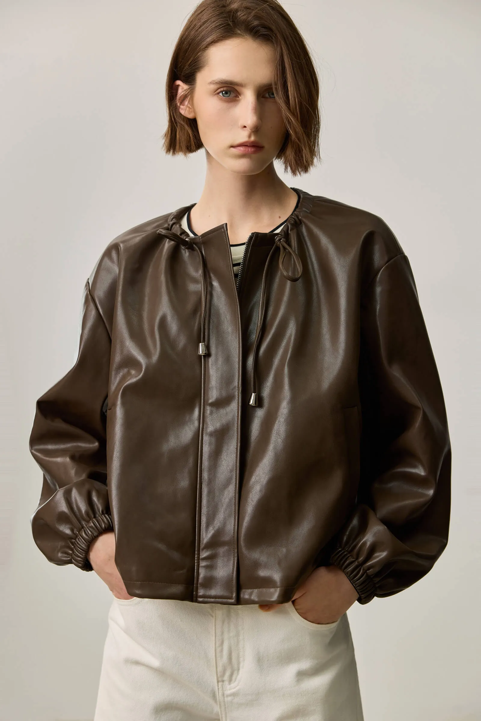 LILY Ruched PU Leather Jacket