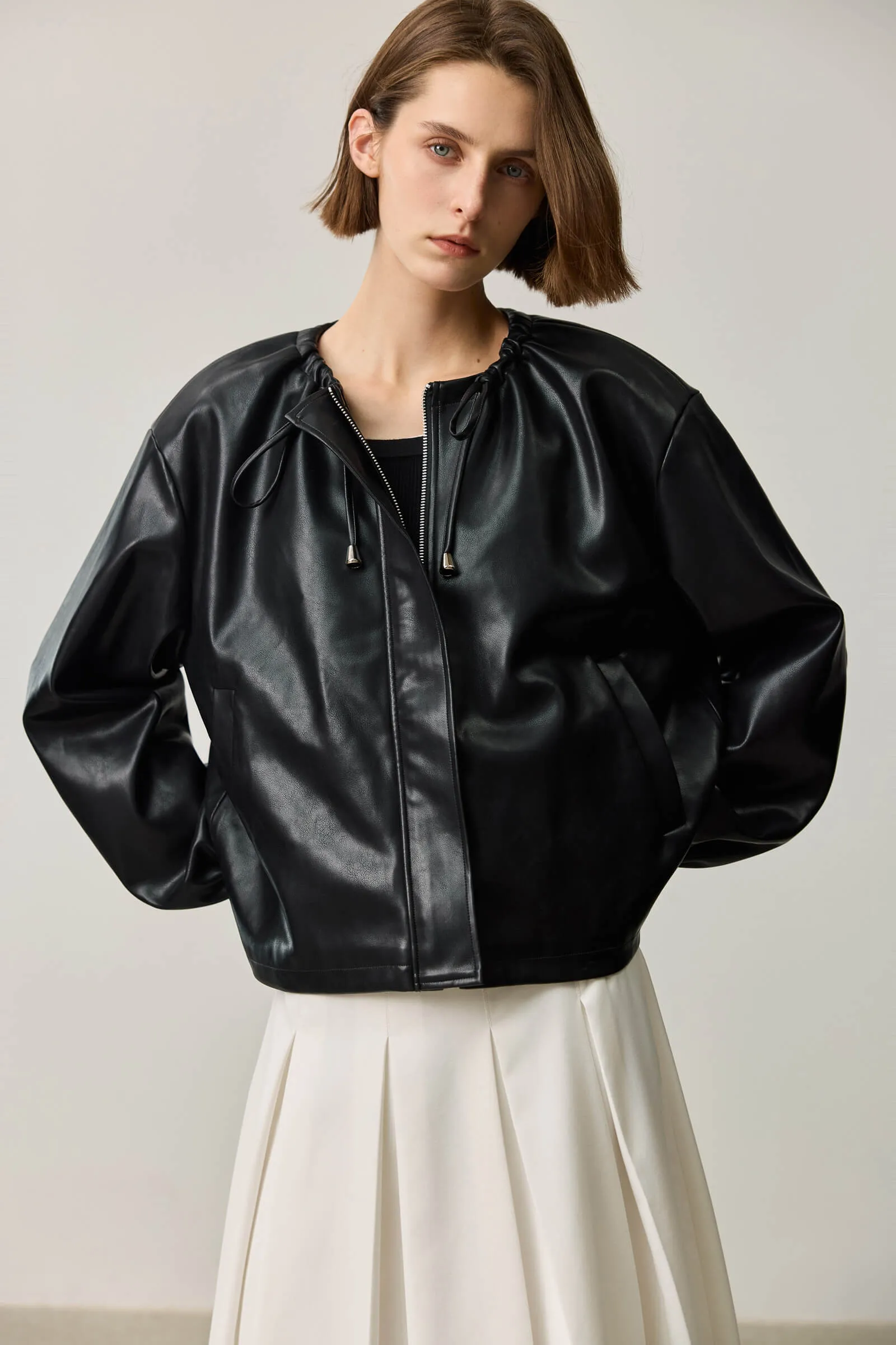 LILY Ruched PU Leather Jacket