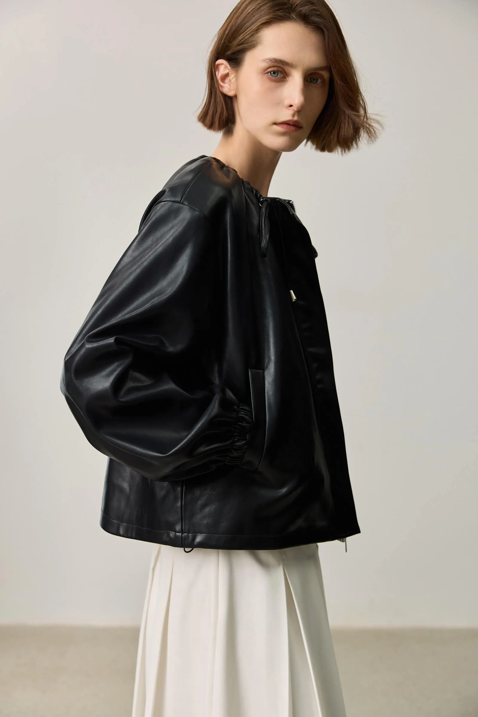 LILY Ruched PU Leather Jacket