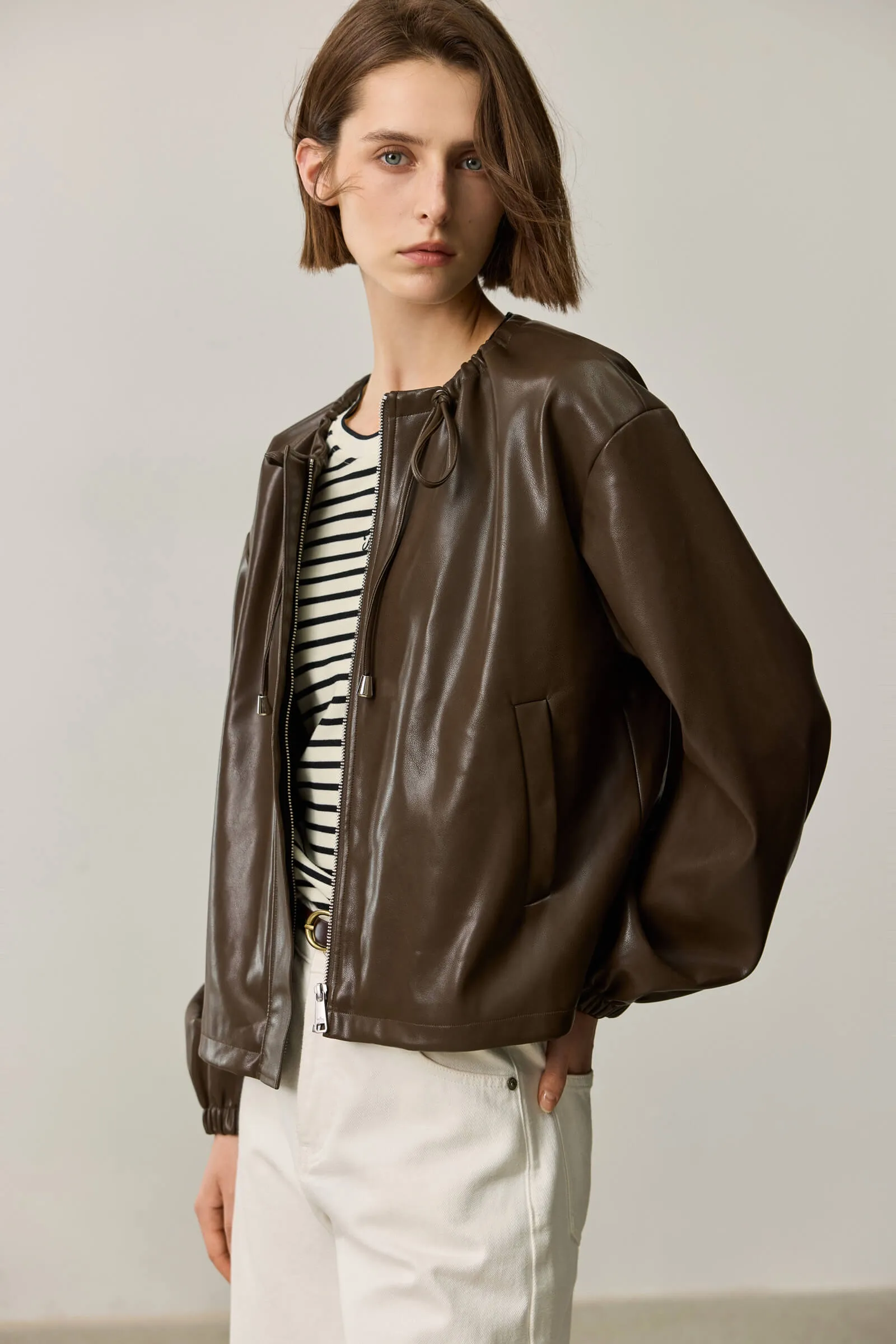 LILY Ruched PU Leather Jacket
