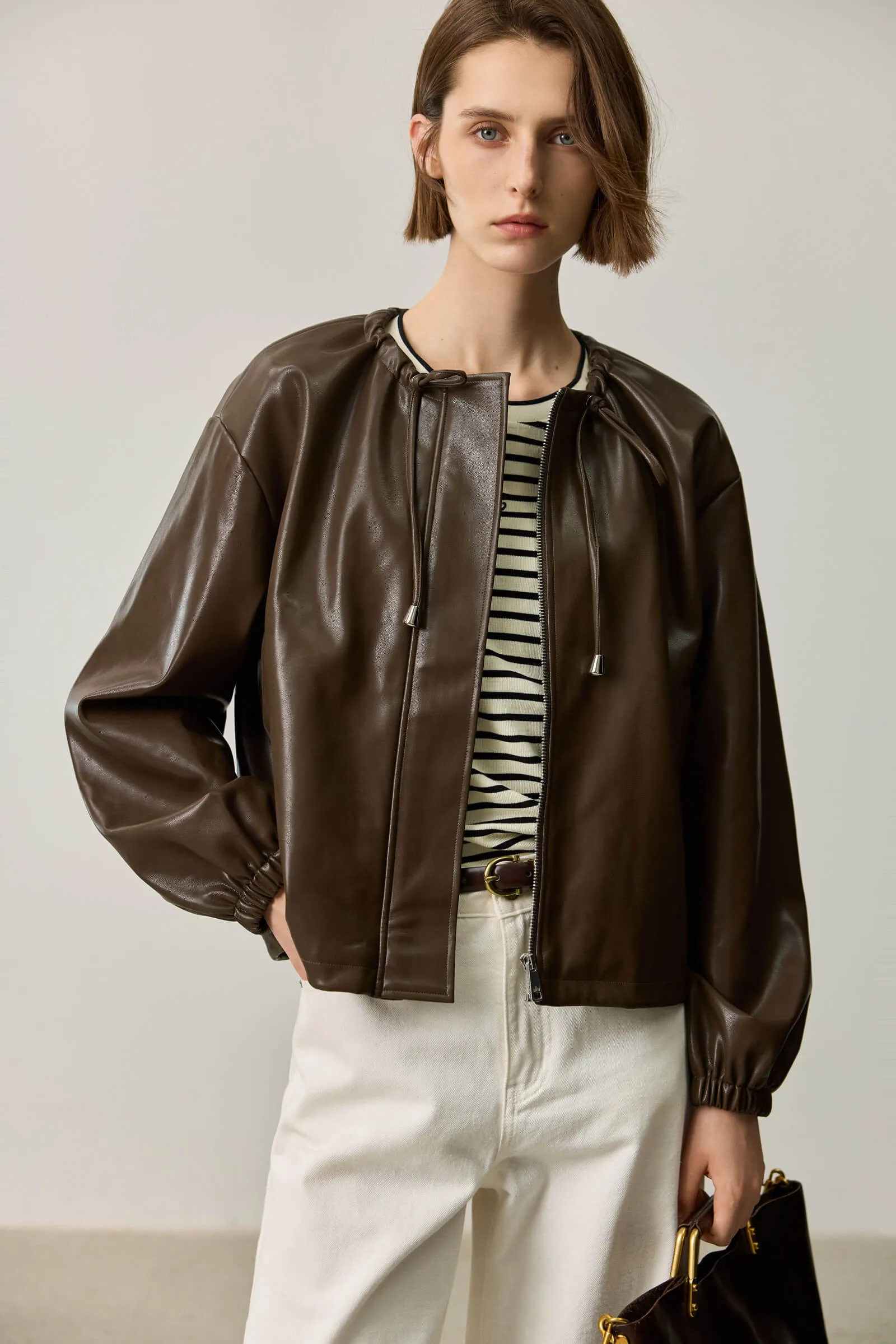 LILY Ruched PU Leather Jacket