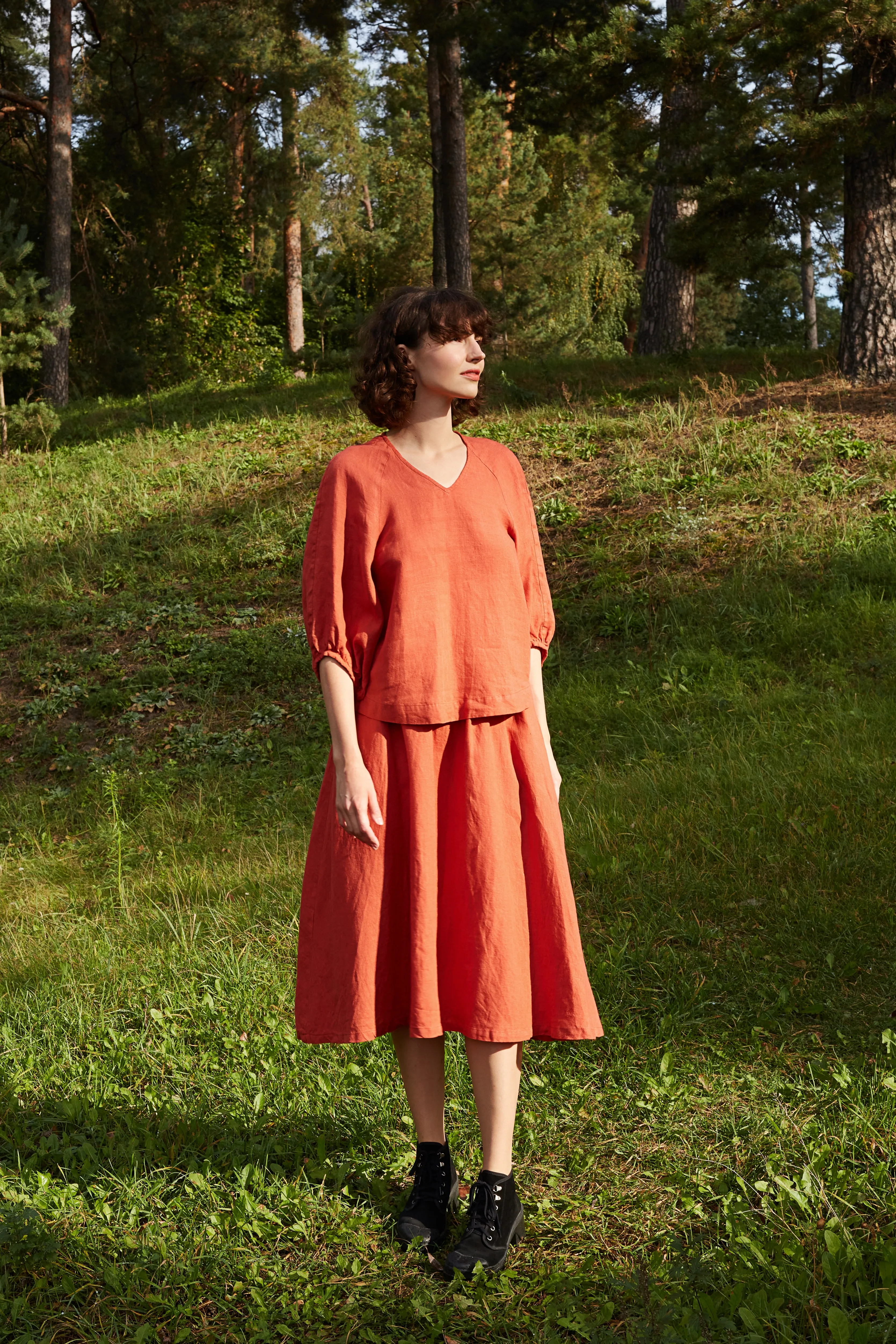 Linen Boho Style ASTRA Set of Blouse & Midi Linen Skirt