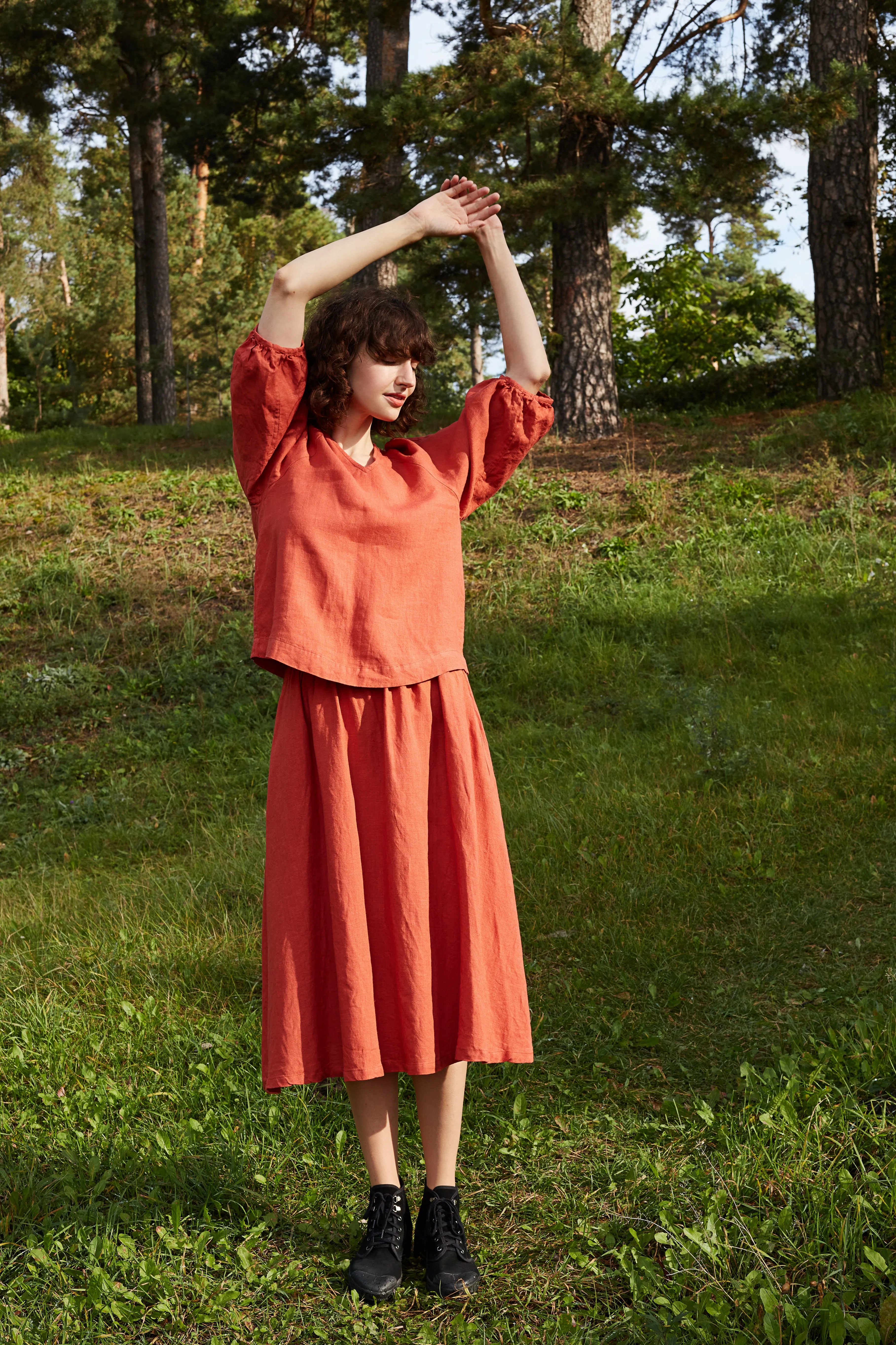 Linen Boho Style ASTRA Set of Blouse & Midi Linen Skirt