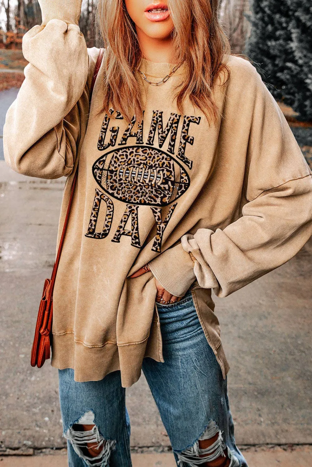 Loose Leopard GAME DAY Graphic Sweatshirt: Khaki / 75%Polyester 25%Cotton / M