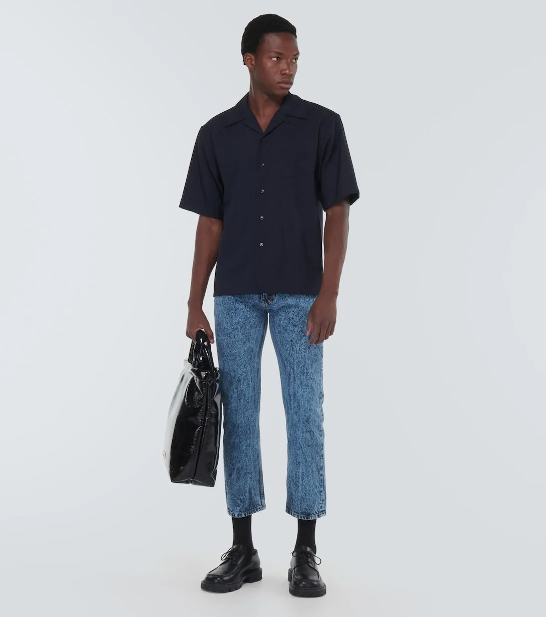Marni straight leg jeans with leather trim, blue