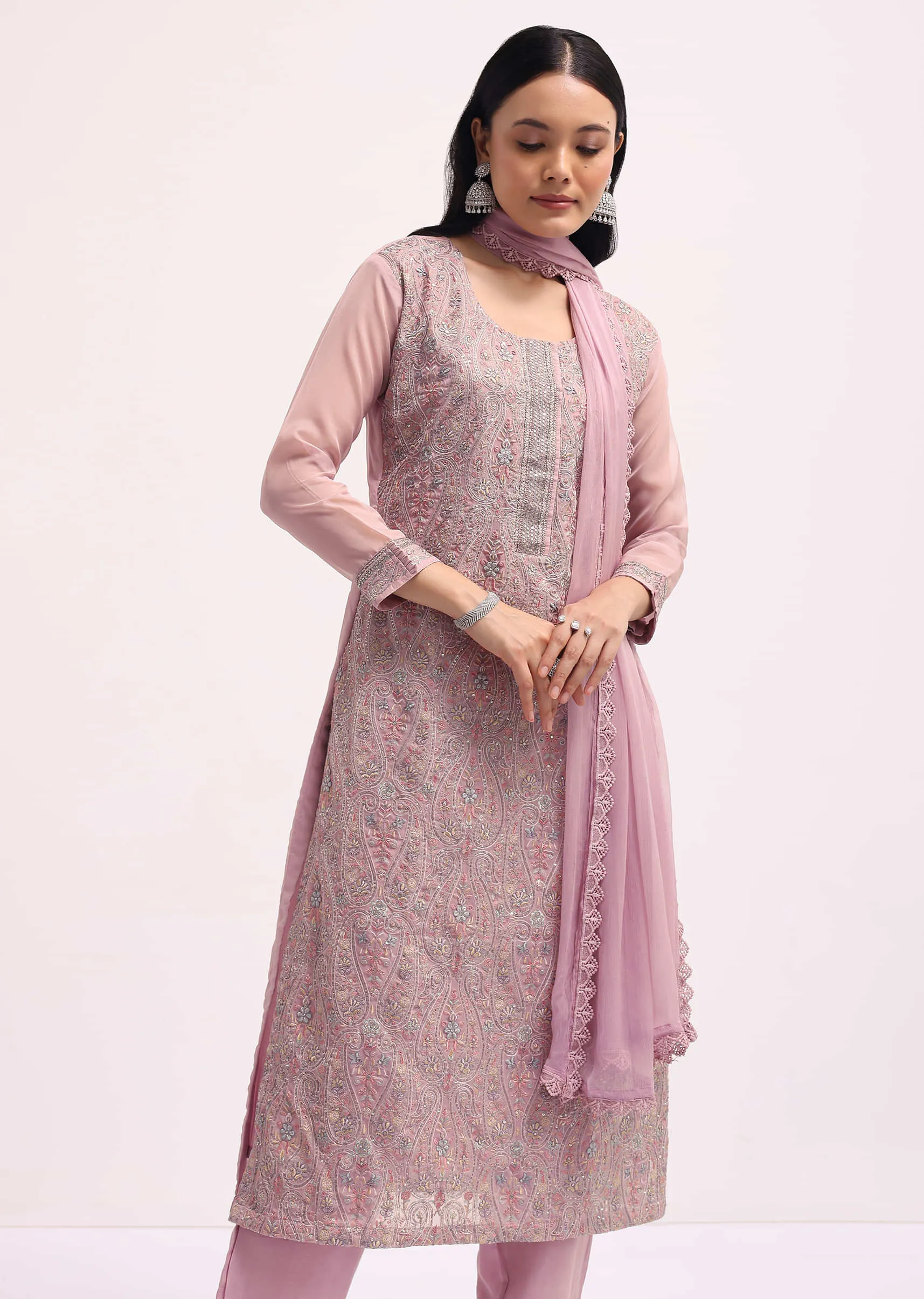Mauve Pink Organza Kurta Pant Set With Resham Work