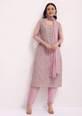 Mauve Pink Organza Kurta Pant Set With Resham Work
