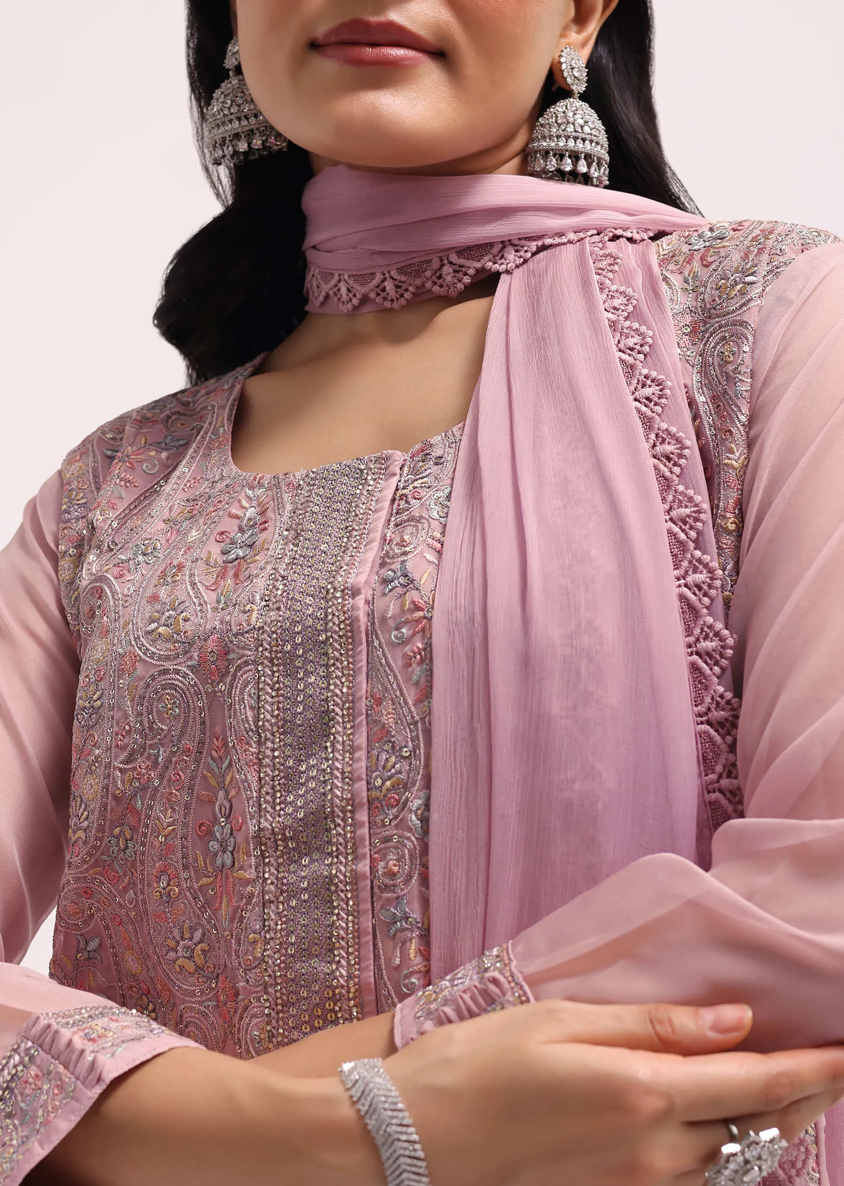 Mauve Pink Organza Kurta Pant Set With Resham Work