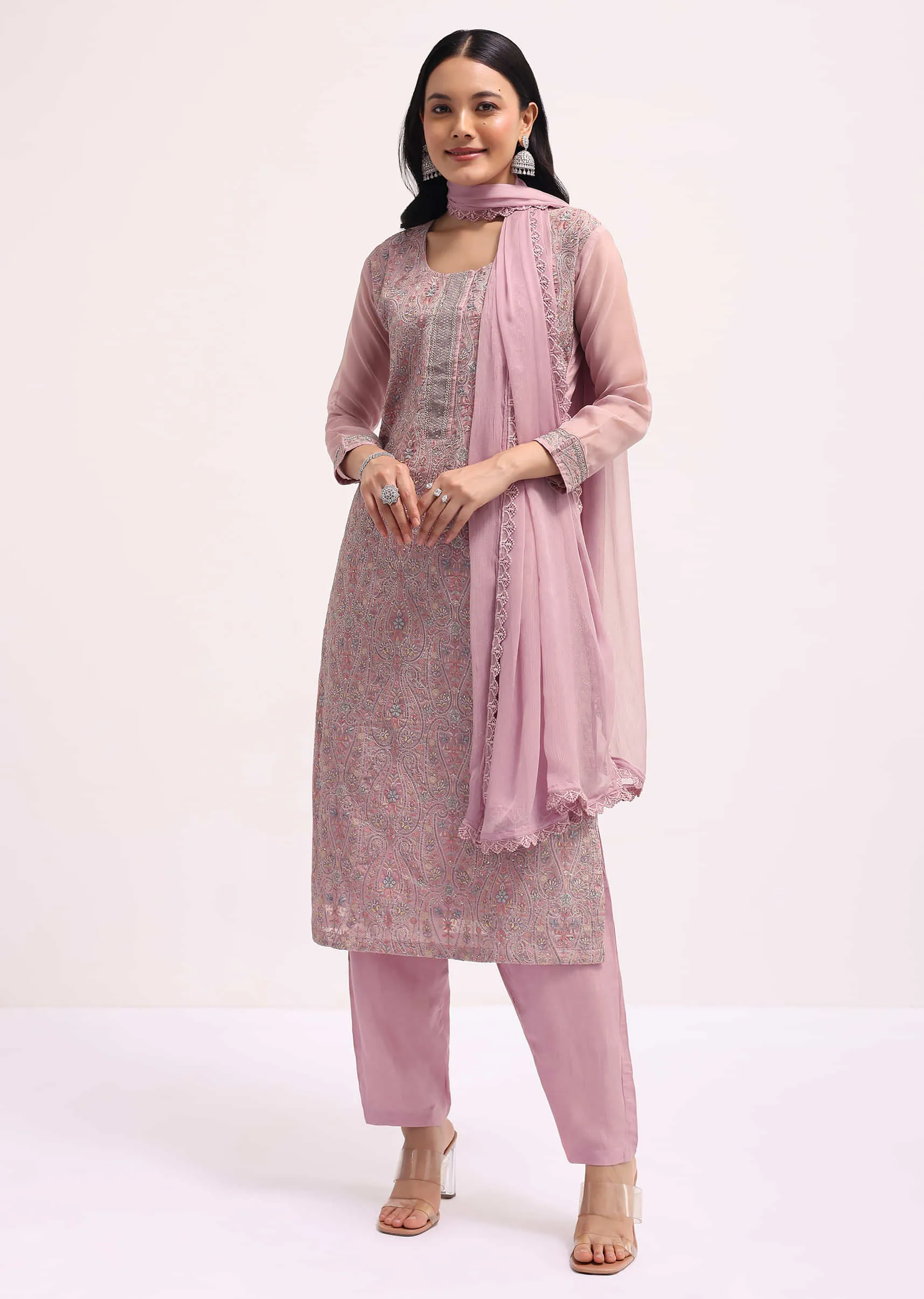 Mauve Pink Organza Kurta Pant Set With Resham Work