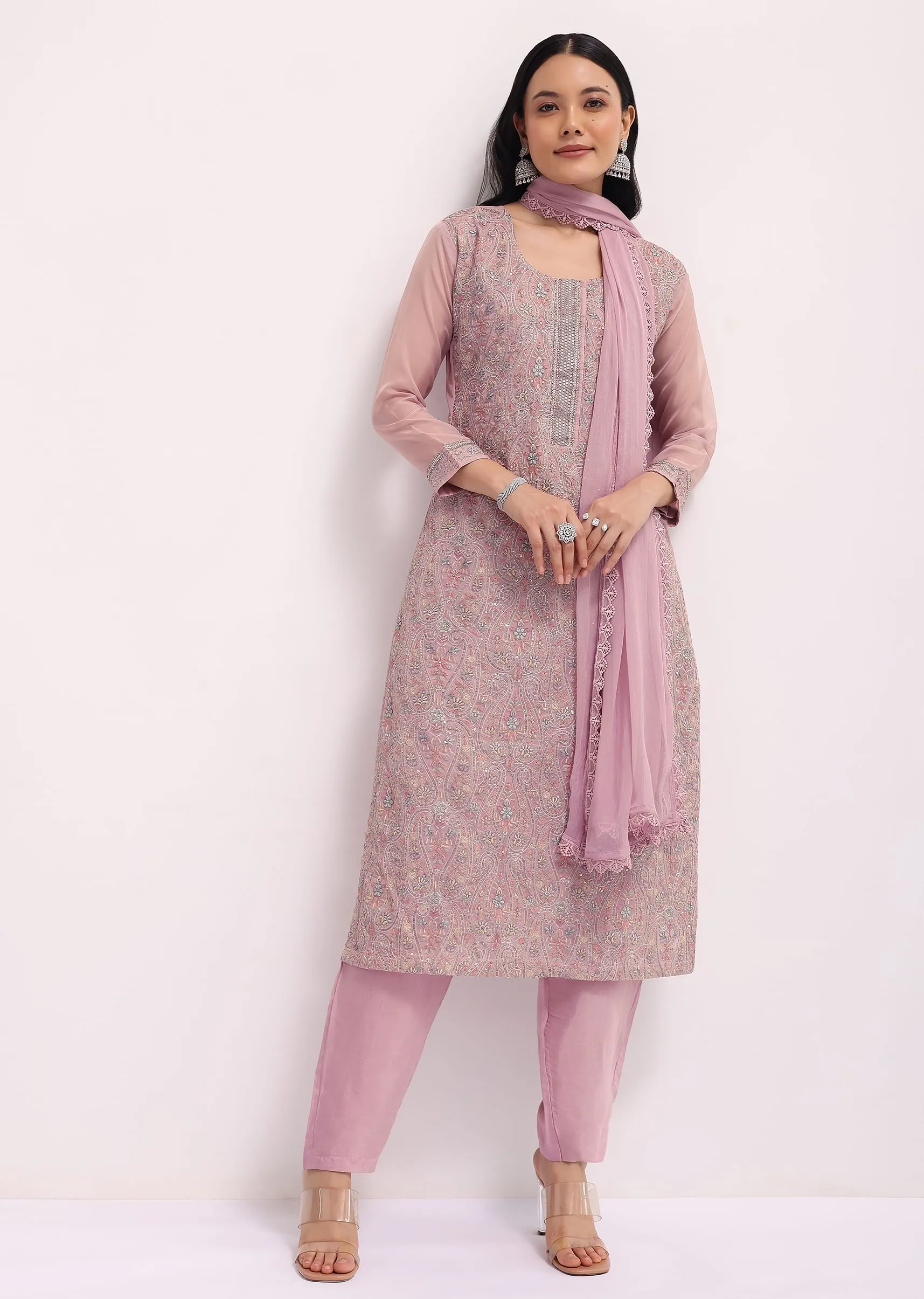 Mauve Pink Organza Kurta Pant Set With Resham Work
