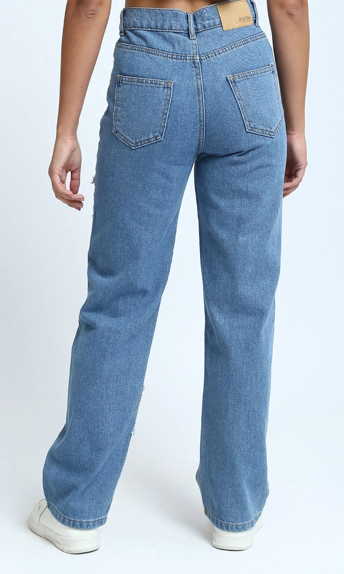 O199315 - Comfy Straight Leg Jeans with Front Distressed - Light Blue