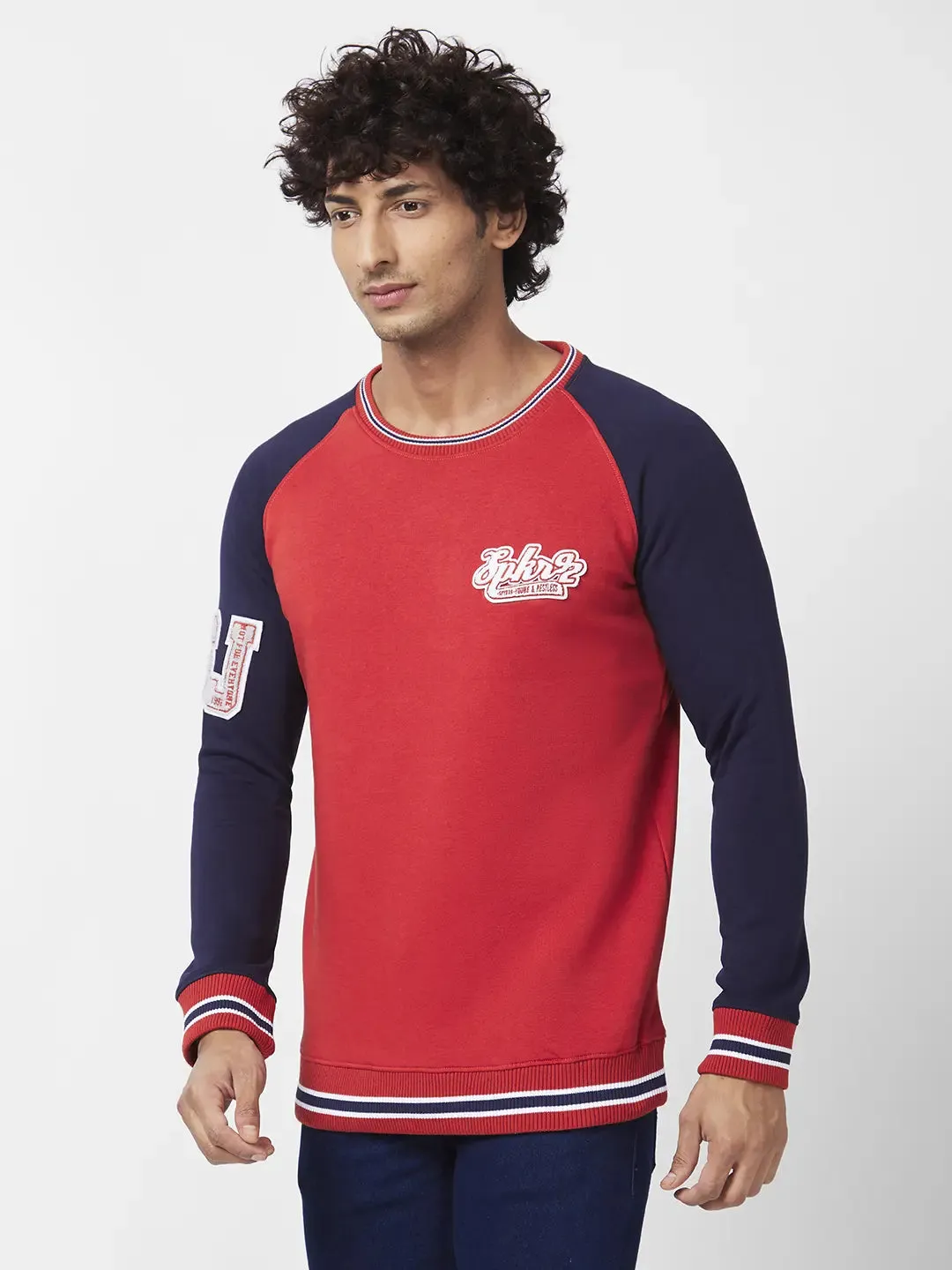 Spykar Men Burnt Orange Blended Slim Fit Full Sleeve Round Neck Plain Sweatshirt