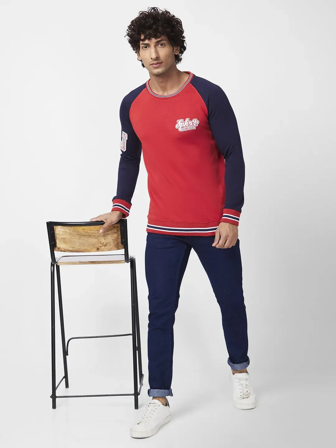 Spykar Men Burnt Orange Blended Slim Fit Full Sleeve Round Neck Plain Sweatshirt