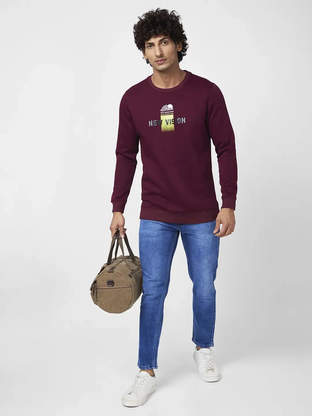 Spykar Men Wine Red Blended Slim Fit Full Sleeve Round Neck Printed Casual Sweatshirt