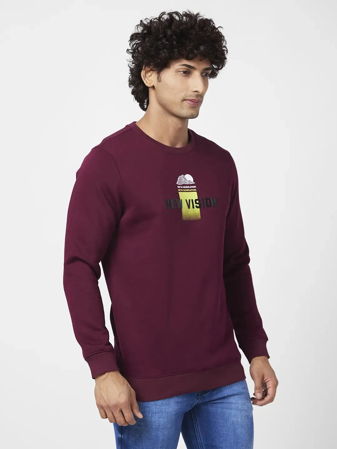 Spykar Men Wine Red Blended Slim Fit Full Sleeve Round Neck Printed Casual Sweatshirt