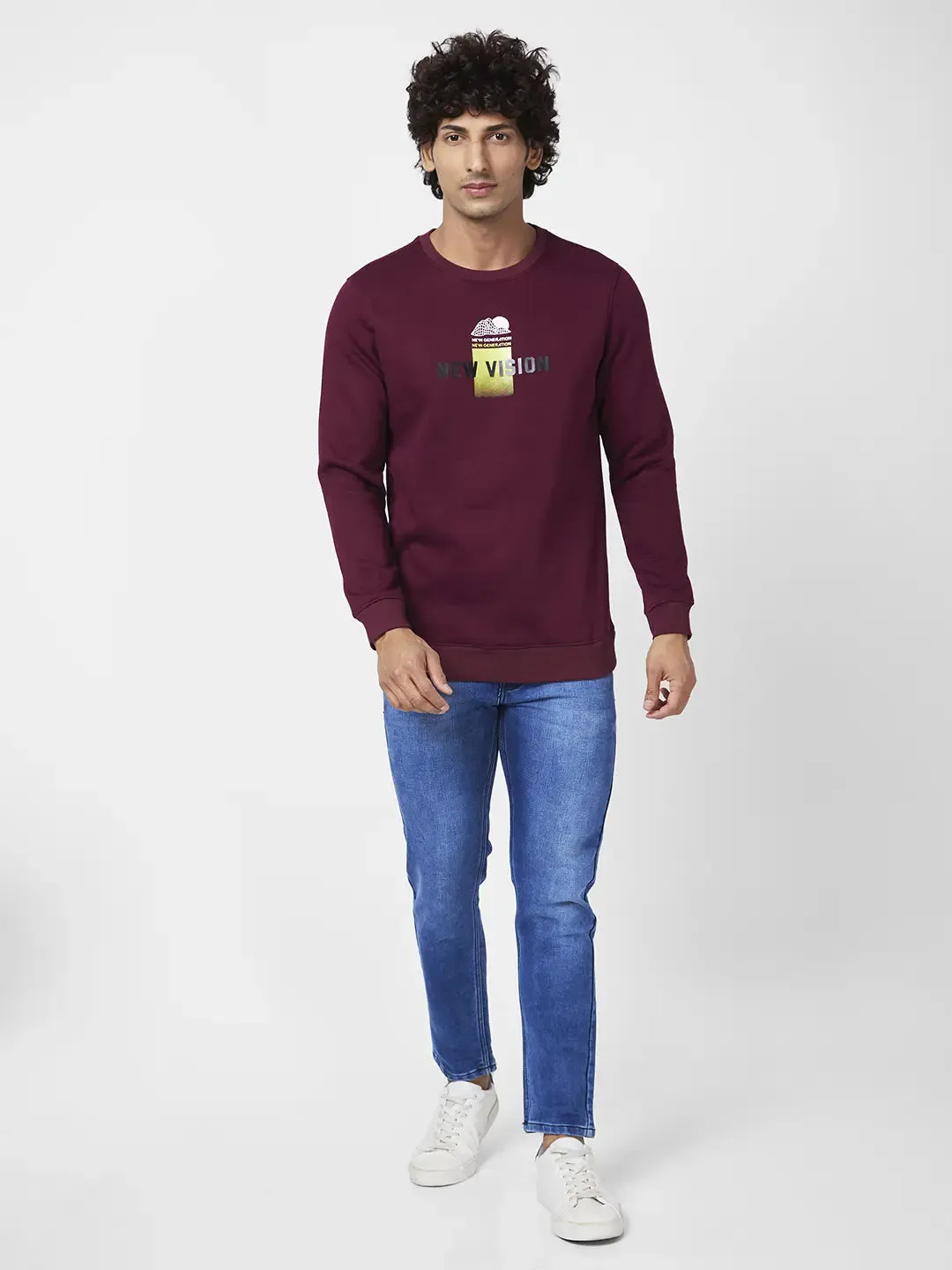 Spykar Men Wine Red Blended Slim Fit Full Sleeve Round Neck Printed Casual Sweatshirt