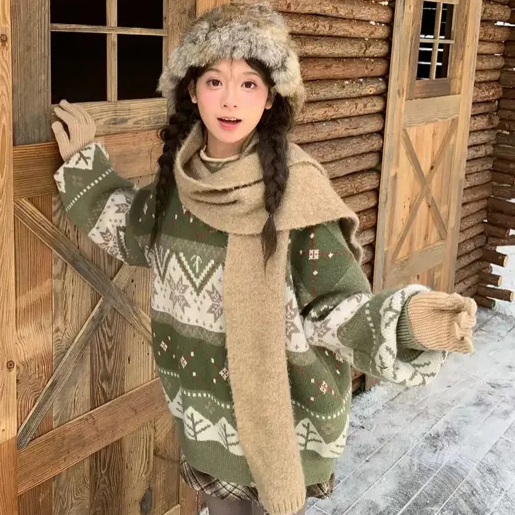 Sweet Fair Isle Style Green Colorblocked Round Neck Sweater