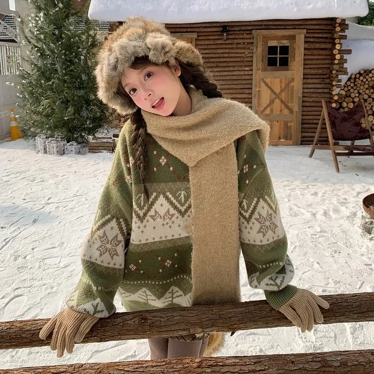 Sweet Fair Isle Style Green Colorblocked Round Neck Sweater