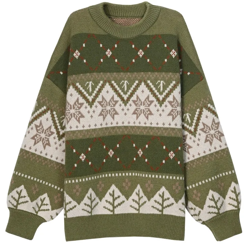 Sweet Fair Isle Style Green Colorblocked Round Neck Sweater