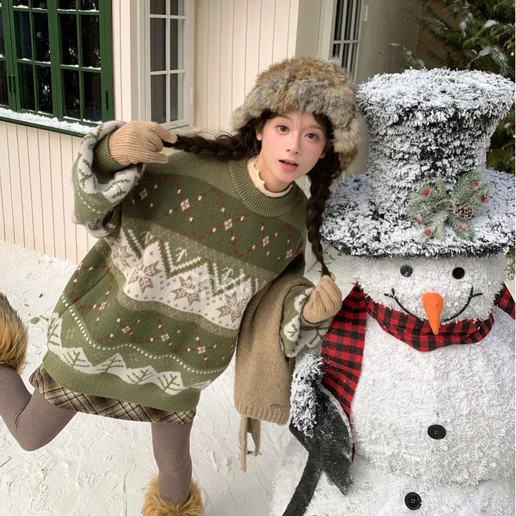 Sweet Fair Isle Style Green Colorblocked Round Neck Sweater