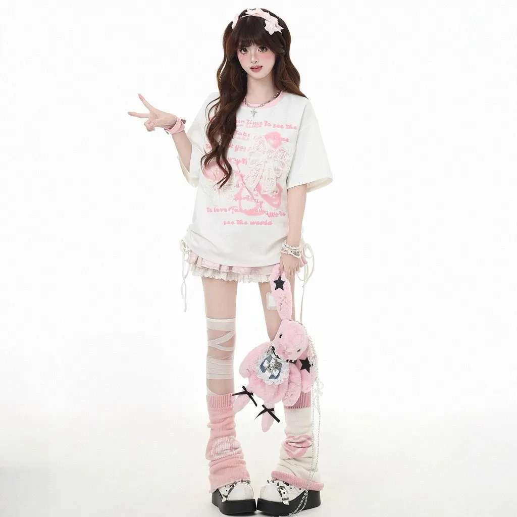 Sweet Girl Style Lace Bow Embroidery Round Neck T-shirt