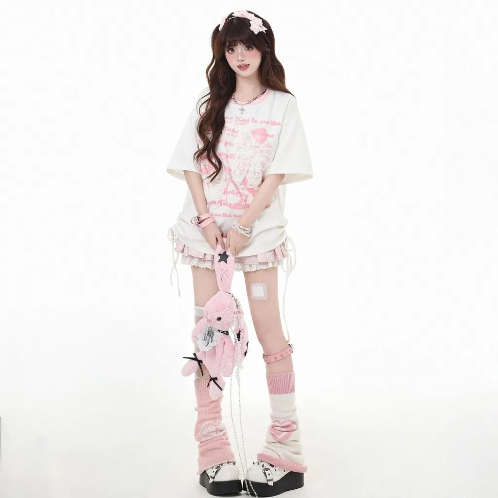 Sweet Girl Style Lace Bow Embroidery Round Neck T-shirt