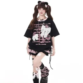Sweet Girl Style Lace Bow Embroidery Round Neck T-shirt