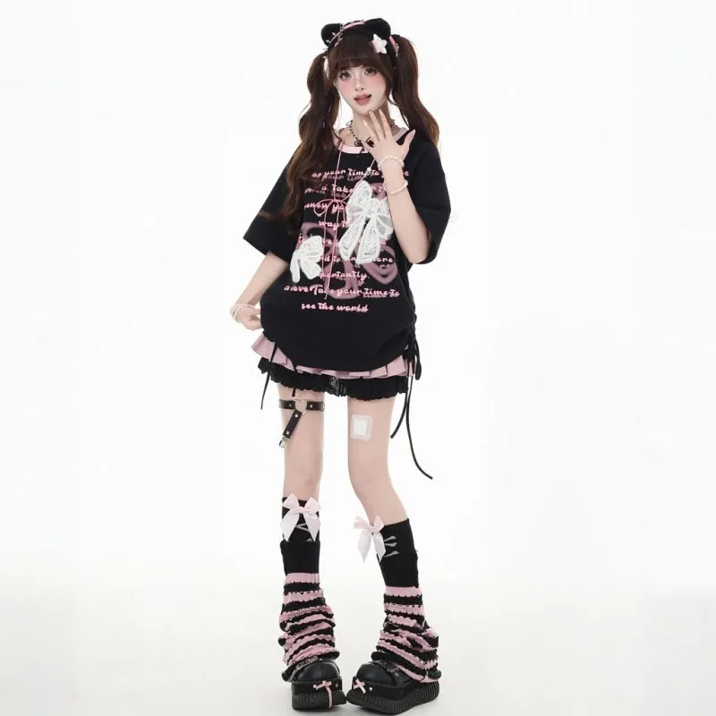 Sweet Girl Style Lace Bow Embroidery Round Neck T-shirt