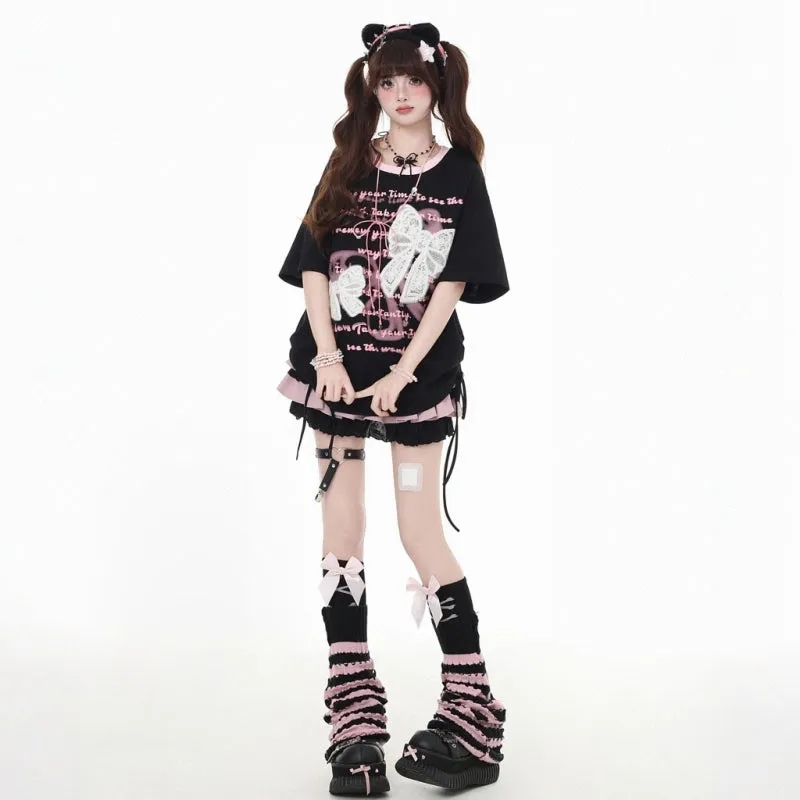 Sweet Girl Style Lace Bow Embroidery Round Neck T-shirt