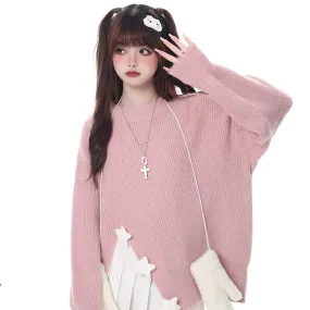 Sweet Girly Pink Star-Decorated Round Neck Sweater