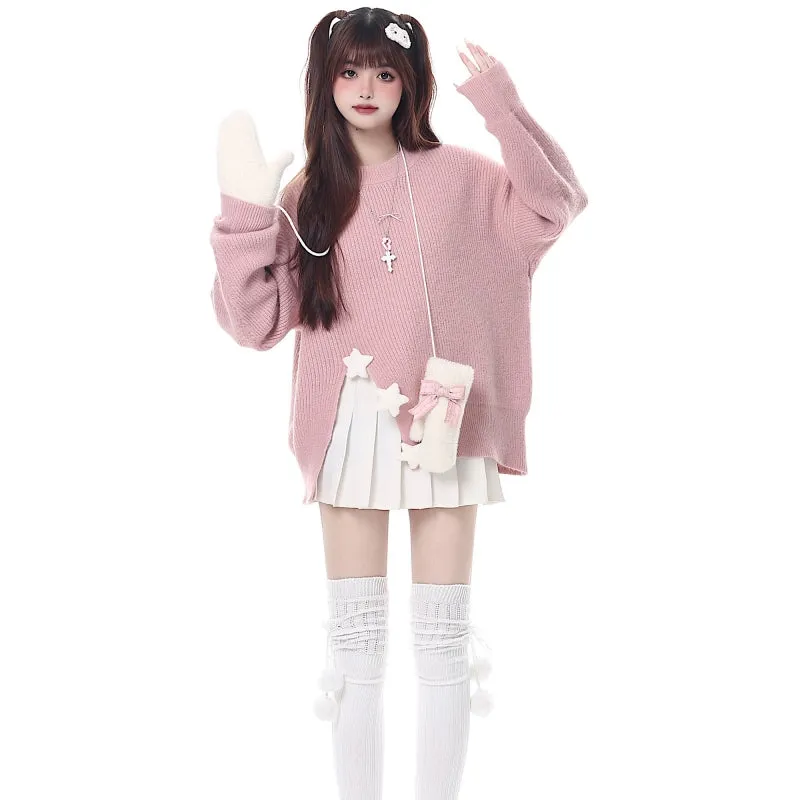 Sweet Girly Pink Star-Decorated Round Neck Sweater